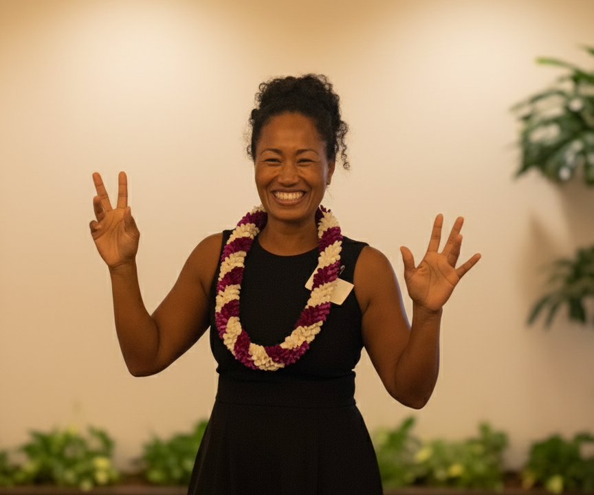JoYi Rhyss, Founder of AIdedEQ, presenting with a lei
