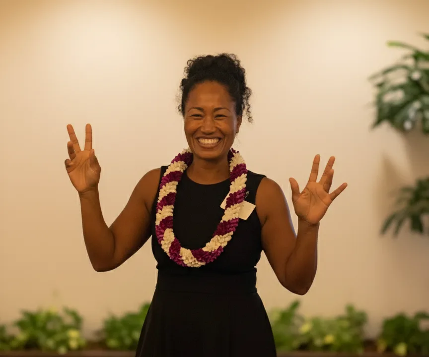 JoYi Rhyss, Founder of AIdedEQ, presenting with a lei